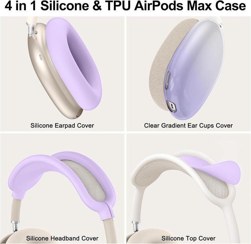 MINDRESY [4 in 1] Silicone Case Cover for AirPods Max, Clear Gradient Soft TPU Ear Cups Cover/Ear Pad Case Cover/Headband Cover Transparent Accessories for Apple AirPods Max (2024/2020)(USB-C/Lightning),Purple - Image 3